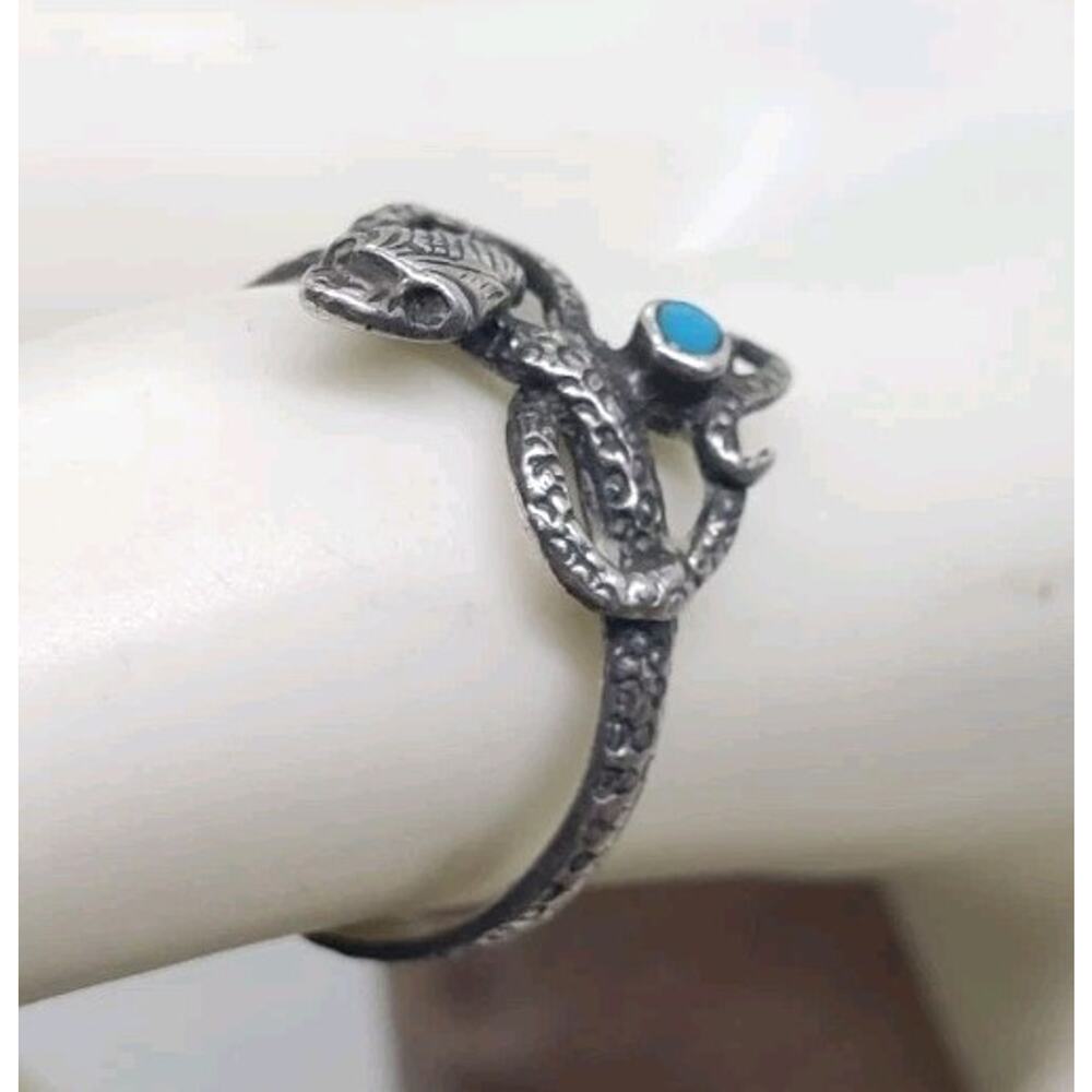 VTG Snake Ring With Turquoise 925 Sterling Silver Coiled Detailed Native 7.75 - Picture 6 of 10
